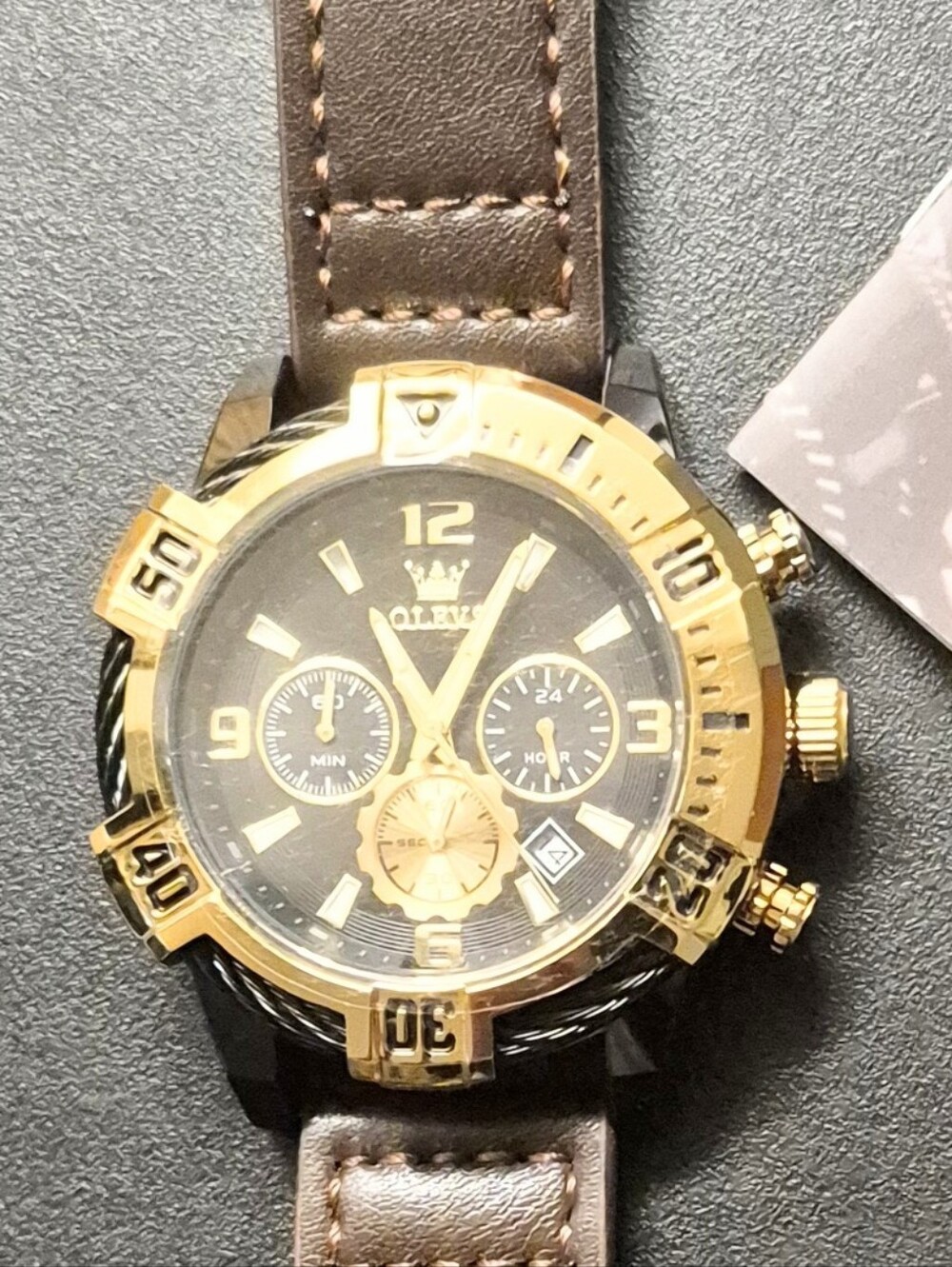 Men's Qlevs Brown Leather Chronograph Watch with Gold Accents